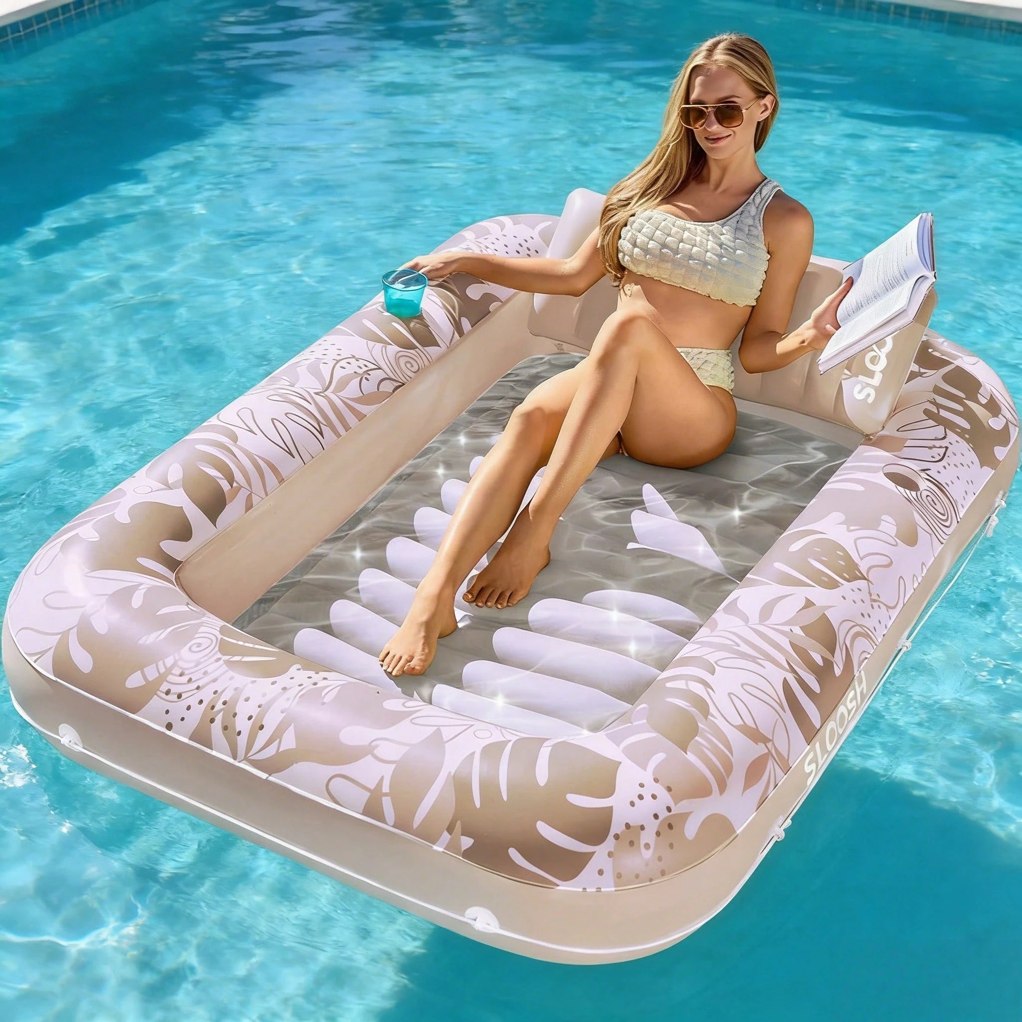 1pc Inflatable Sunbathing Pool Lounger With Cup Holder
