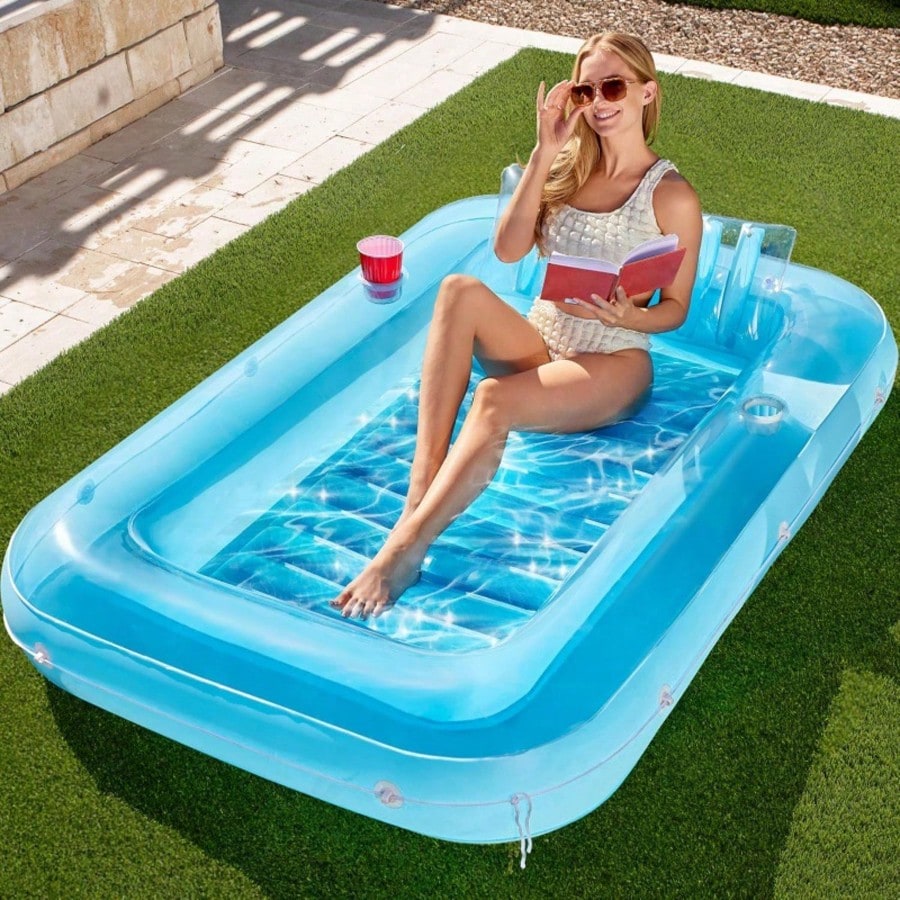 1pc Inflatable Sunbathing Pool Lounger With Cup Holder