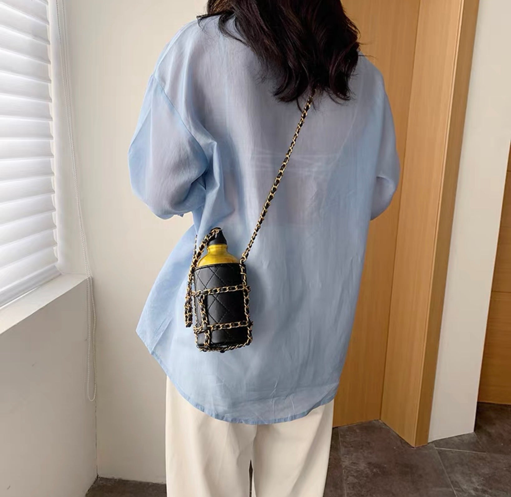 Water Bottle Black Quilted Lambskin Gold Hardware