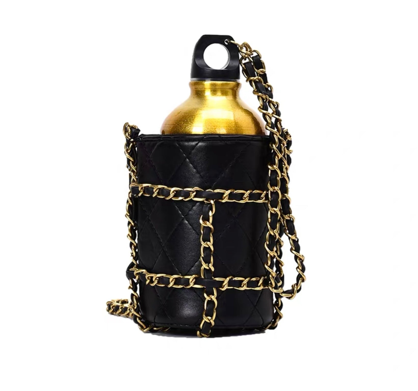 Water Bottle Black Quilted Lambskin Gold Hardware