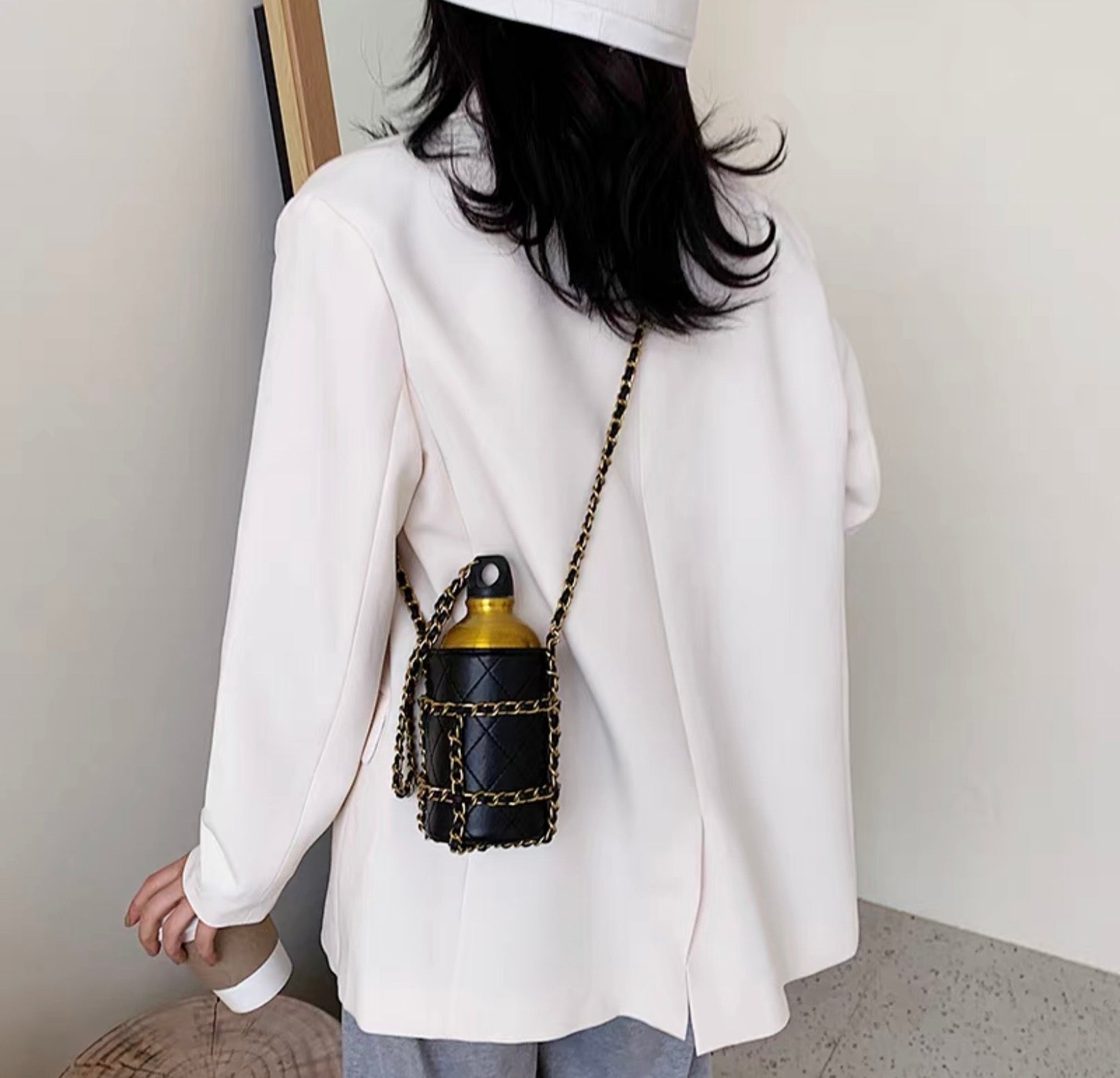 Water Bottle Black Quilted Lambskin Gold Hardware