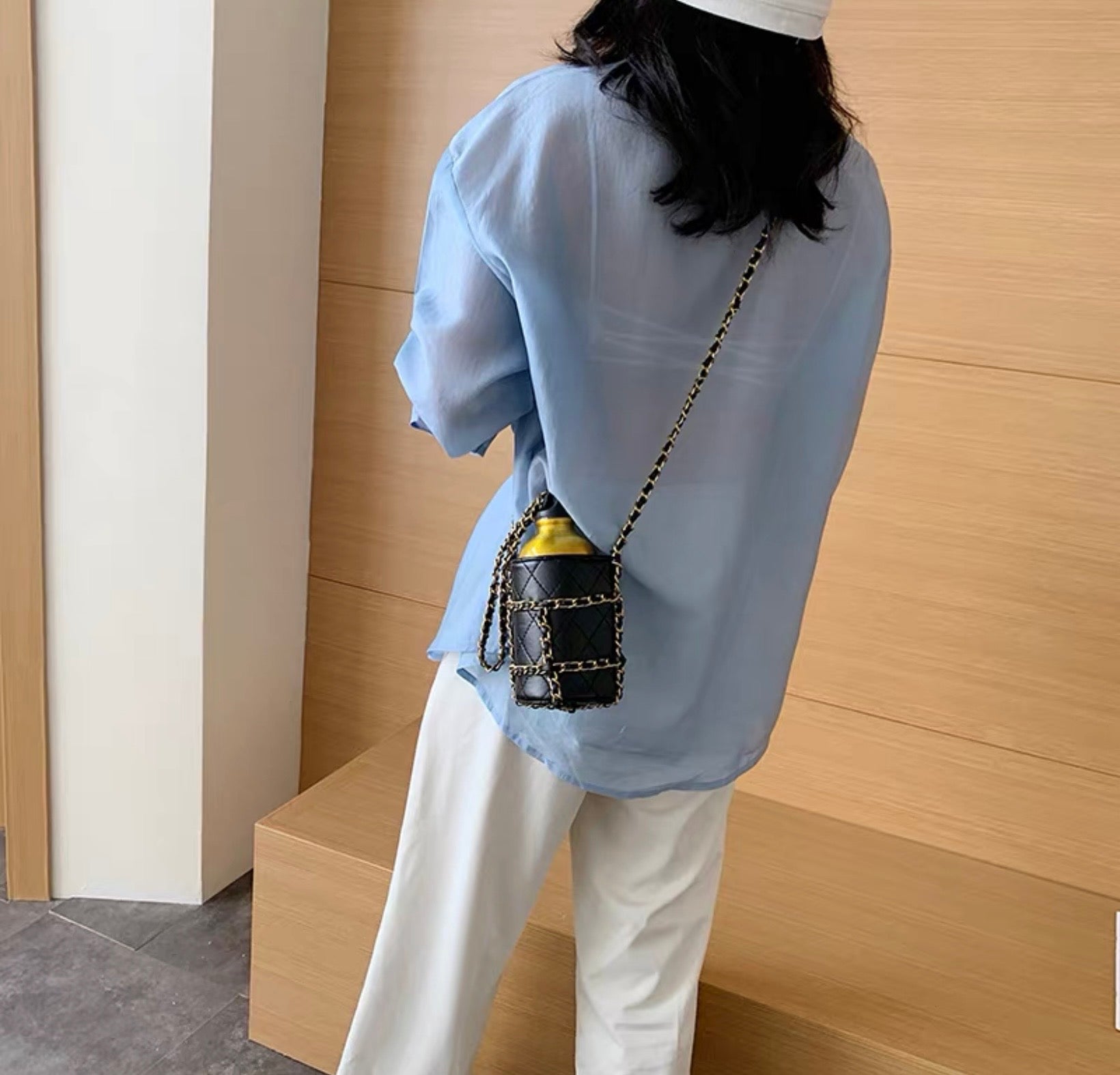 Water Bottle Black Quilted Lambskin Gold Hardware