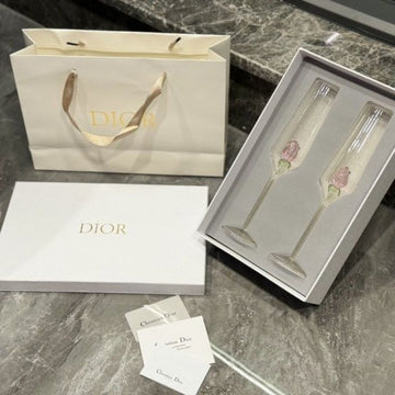 Christian Dior Champagne Flutes Featuring Delicate Pink Rose Details