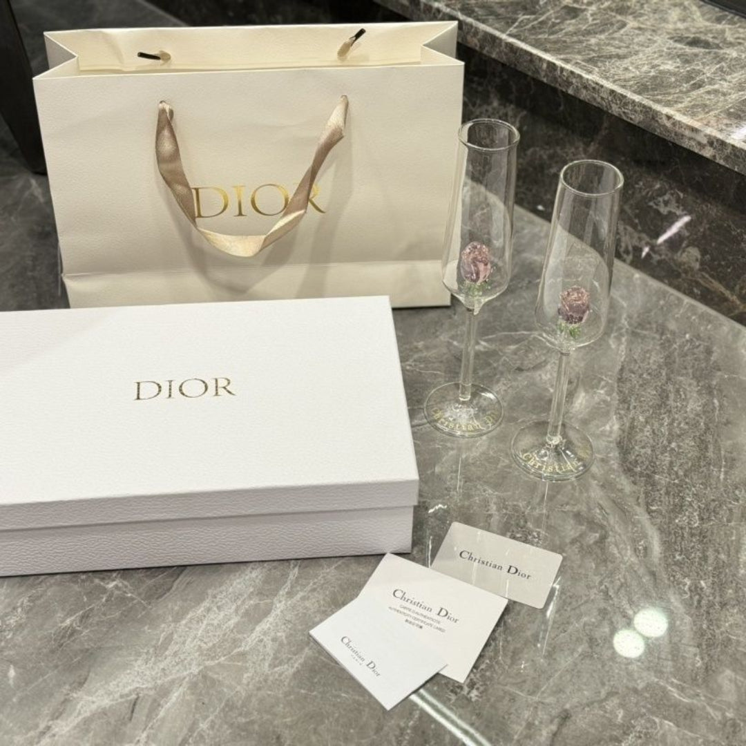 Christian Dior Champagne Flutes Featuring Delicate Pink Rose Details