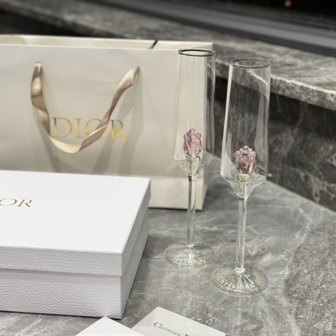 Christian Dior Champagne Flutes Featuring Delicate Pink Rose Details