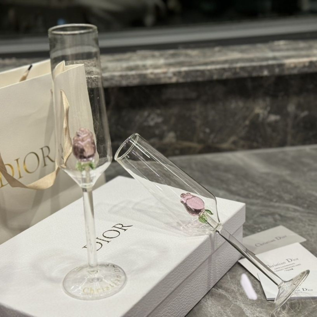 Christian Dior Champagne Flutes Featuring Delicate Pink Rose Details