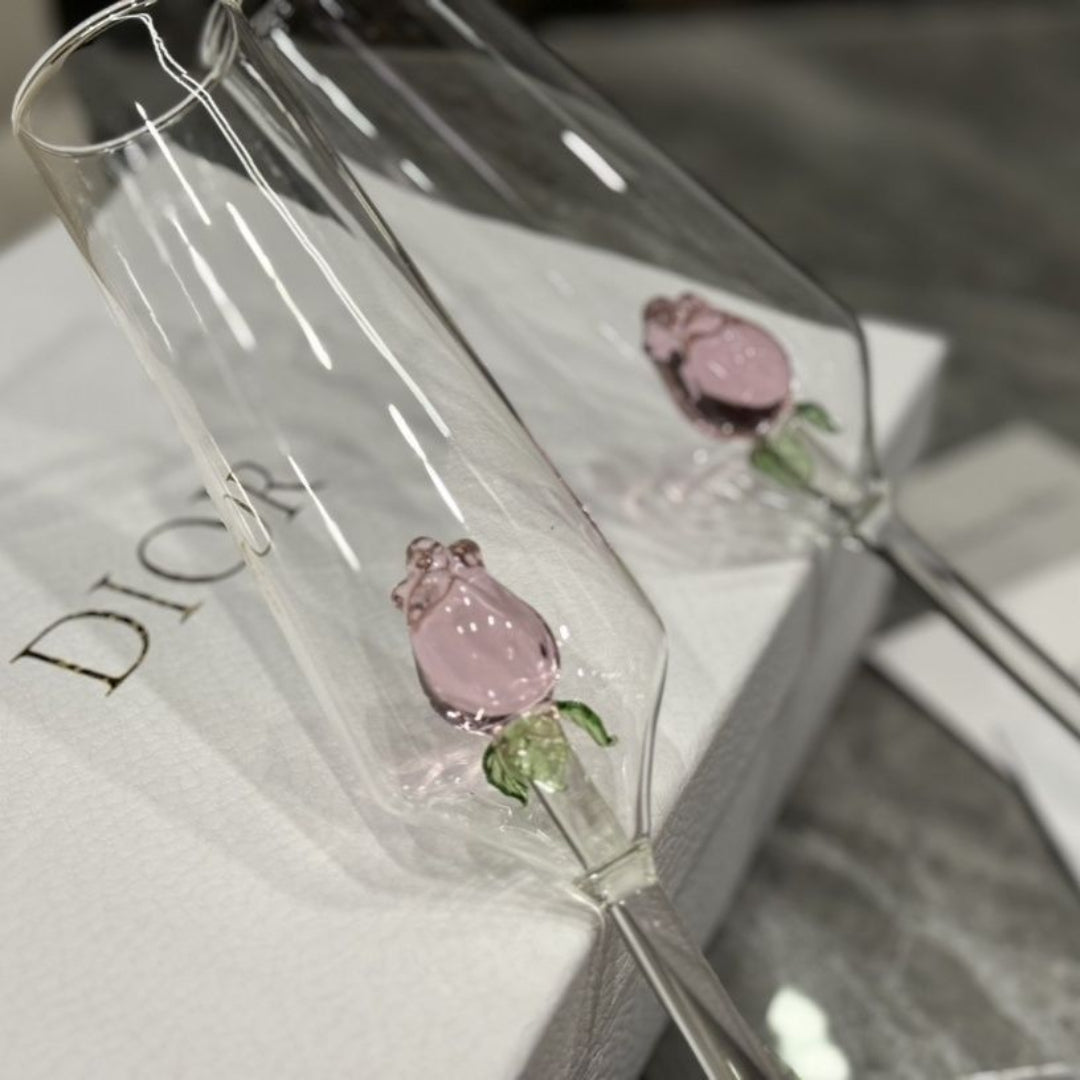 Christian Dior Champagne Flutes Featuring Delicate Pink Rose Details