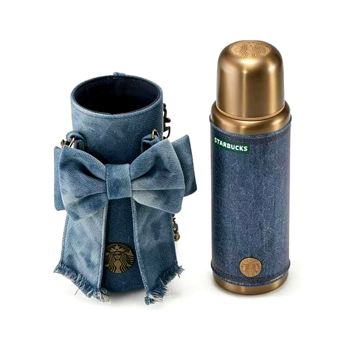 Starbucks Denim Bow Thermos with Crossbody Bottle Bag