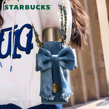 Starbucks Denim Bow Thermos with Crossbody Bottle Bag