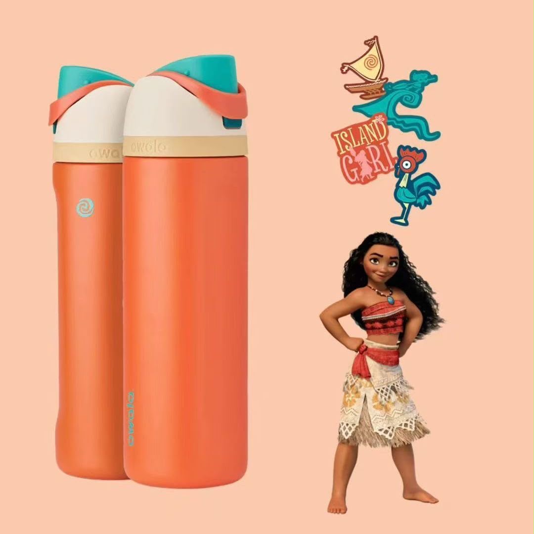 Two orange water bottles with colorful lids and a character from 'Moana' on a peach background.