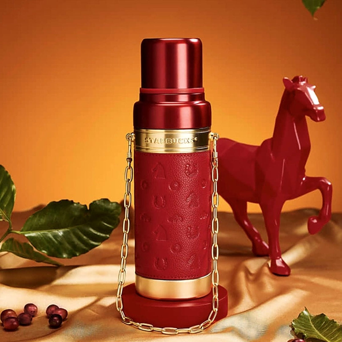 Starbucks 2026 Year of the Horse Red Leather Thermos with Gold Chain