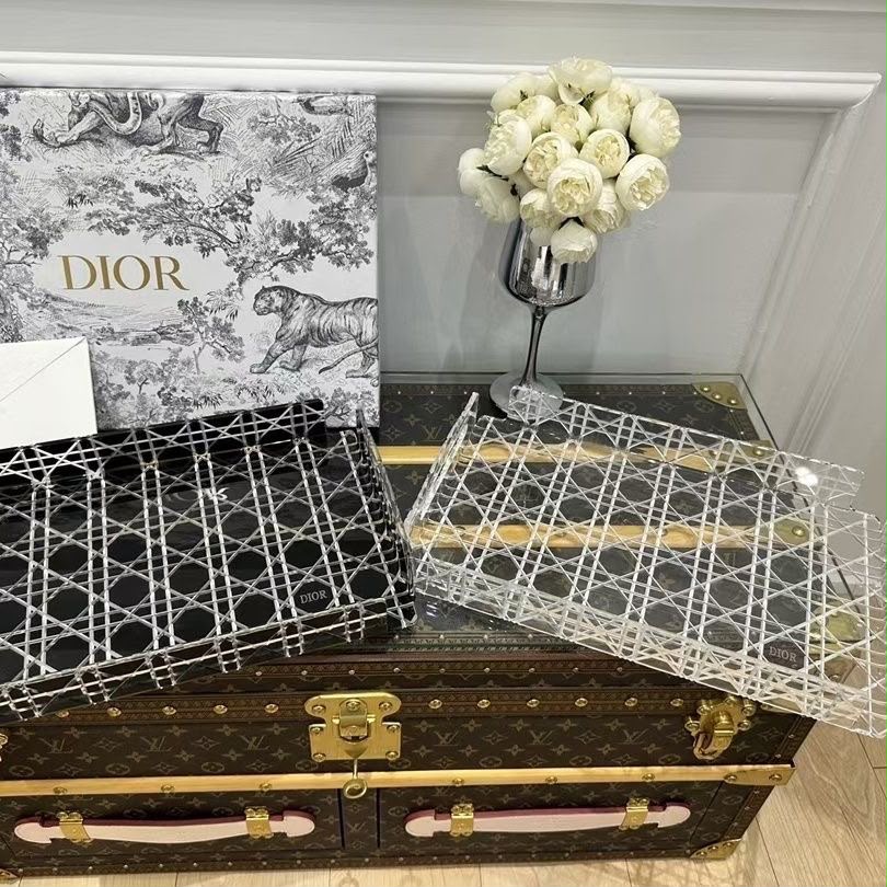 Christian Dior Checkered Pattern American Style Square Acrylic Resin Dishwasher Safe Transparent Glass Storage Tray